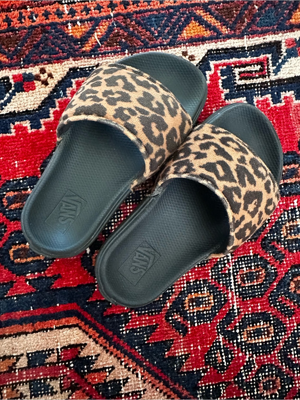 Kids Vans Leopard Print Slide Sandals - Brown and Black